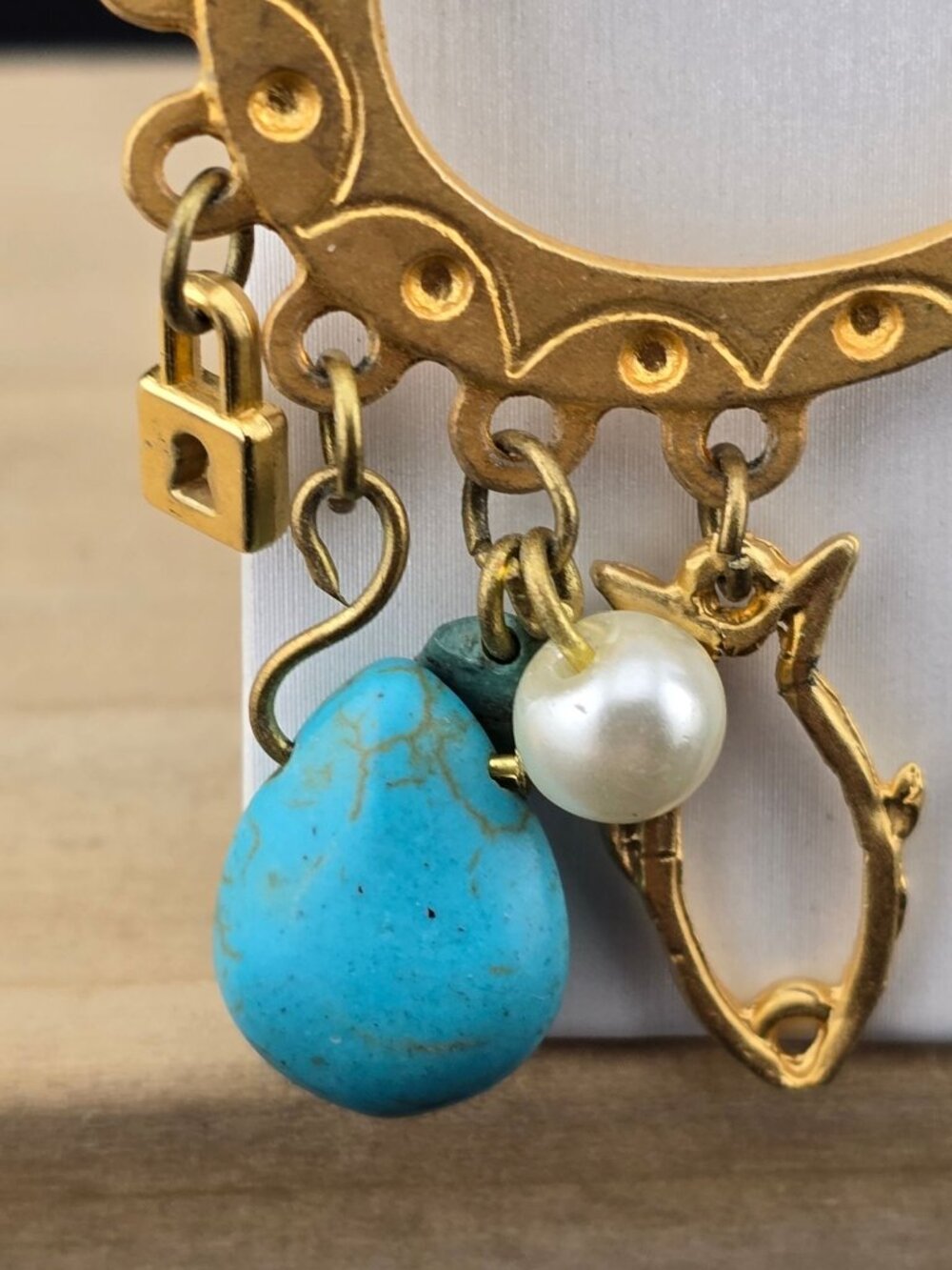Gold Tone Crescent Moon Dangle Earrings Turquoise & Pearl Boho Chic Statement - Picture 4 of 6